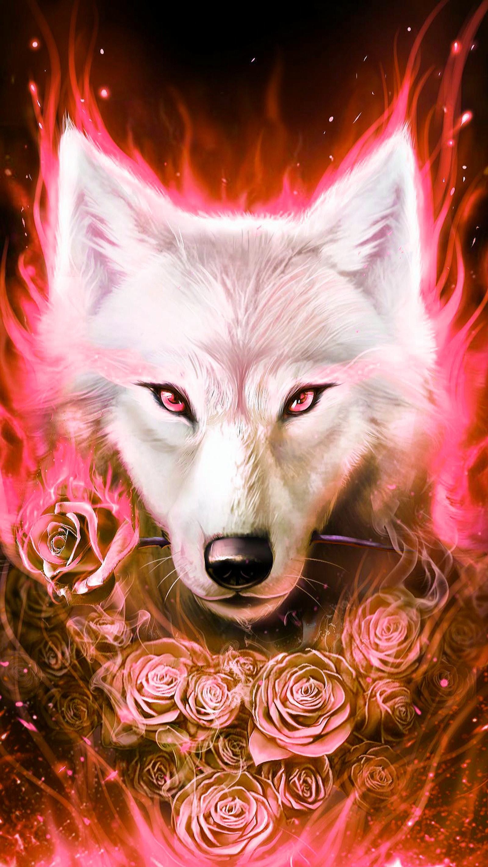 A close up of a white wolf with pink roses on its neck (animal, fantasy, pink, roses, white)