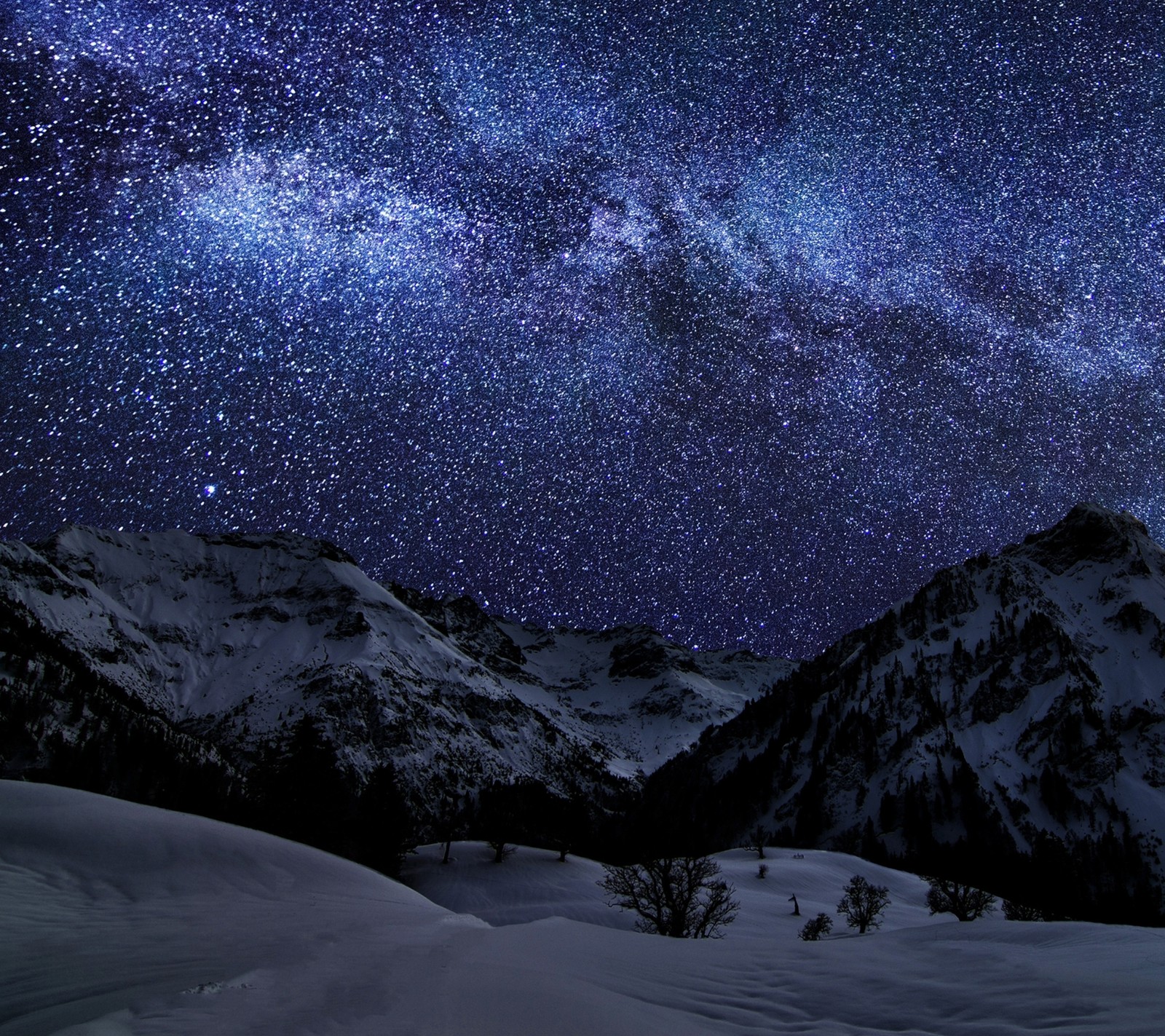 Ciel nocturne étoilé au-dessus de montagnes enneigées avec des arbres et de la neige (montagne, ciel, étoiles, hiver)