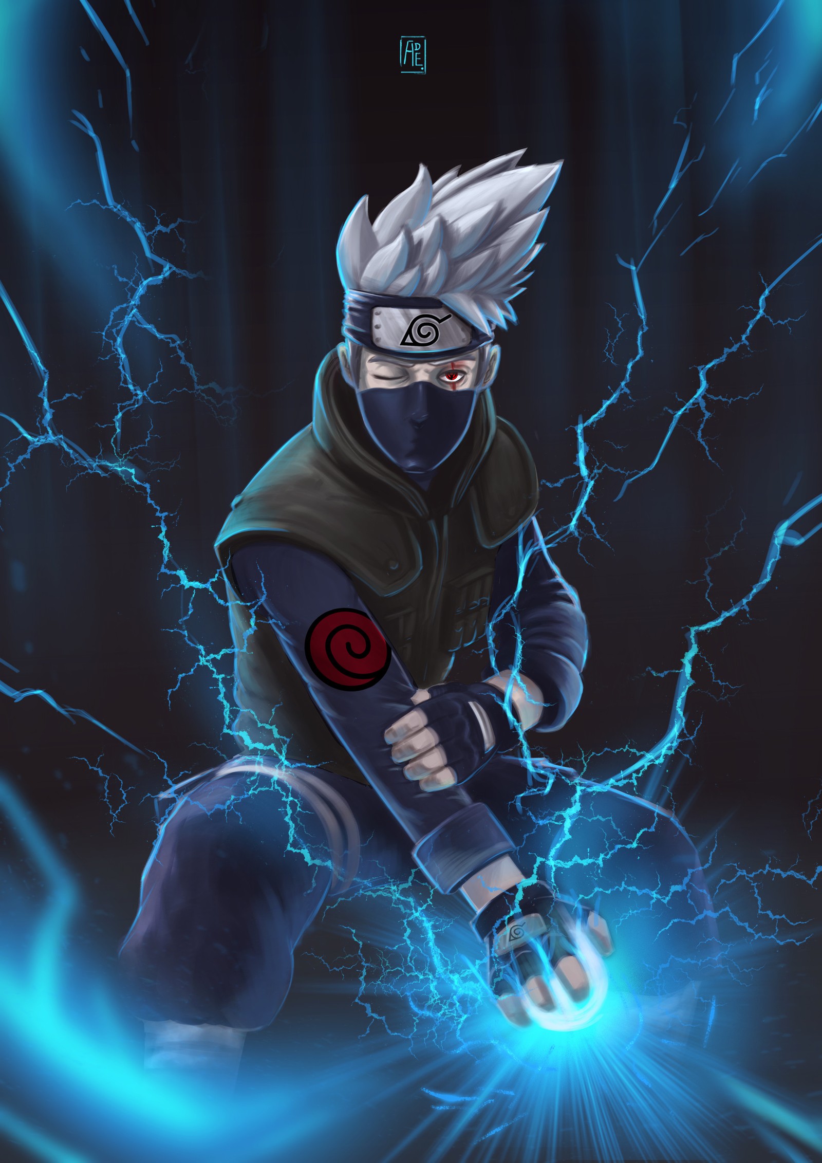 Primer plano de una persona con una espada en una habitación oscura (kakashi, manga, naruto)