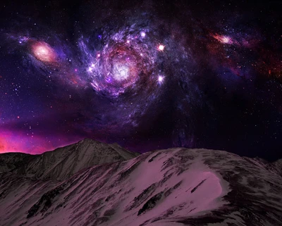 mountain, night, planets, purple, space