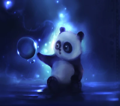 Adorável bebê panda alcançando curiosamente uma bolha flutuante