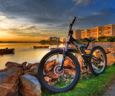 Serene Sunset Over Lake: A Bike by the Shoreline