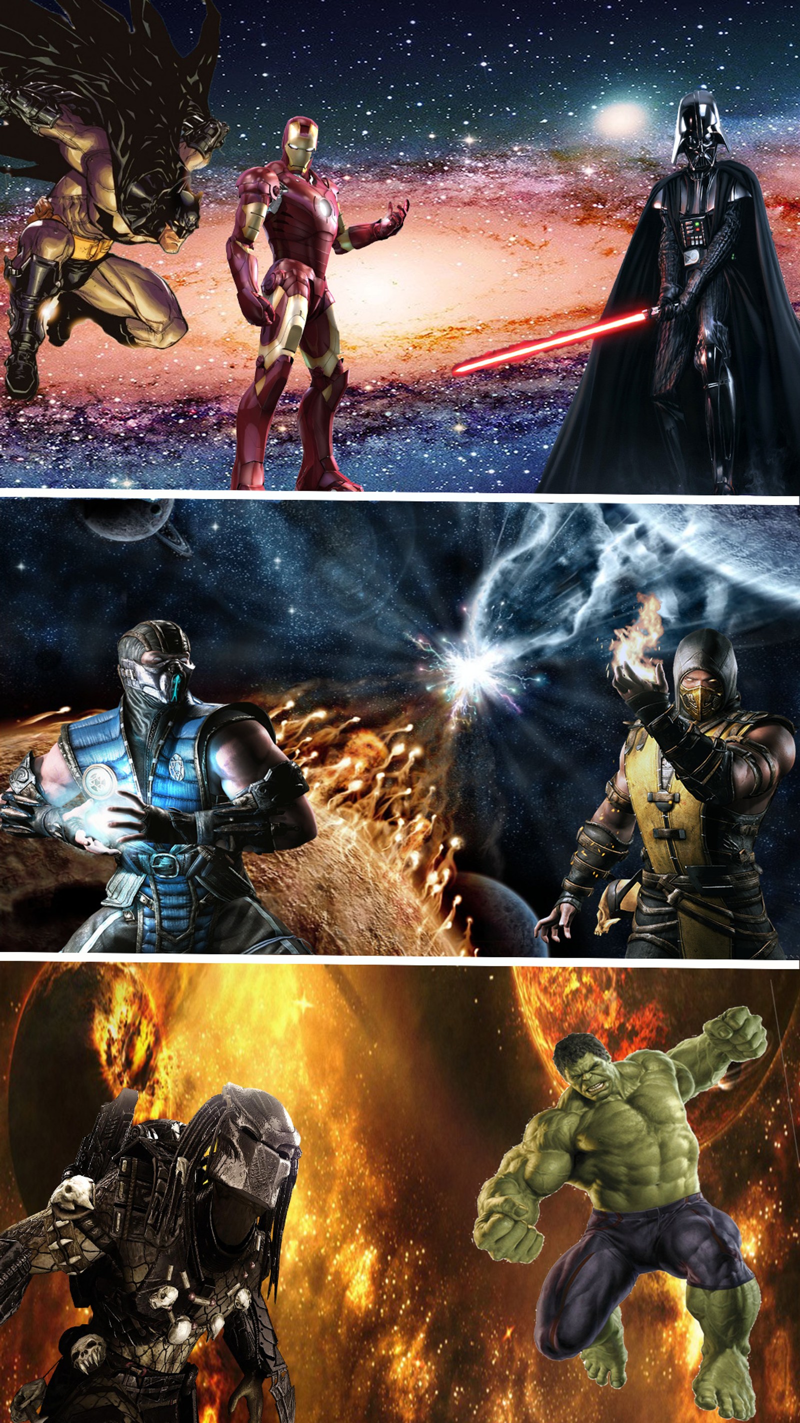 Un groupe de quatre images de différents personnages dans différentes poses (darth vader, prédateur, marvel, mortal kombat)