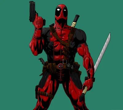 Deadpool : Le Mercenaire avec une Bouche en Gras Rouge et Noir Contre un Fond Vert