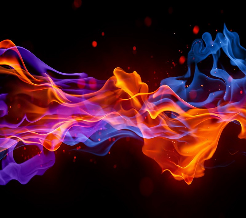 A close up of a fire with blue and orange flames (abstract, beautiful)