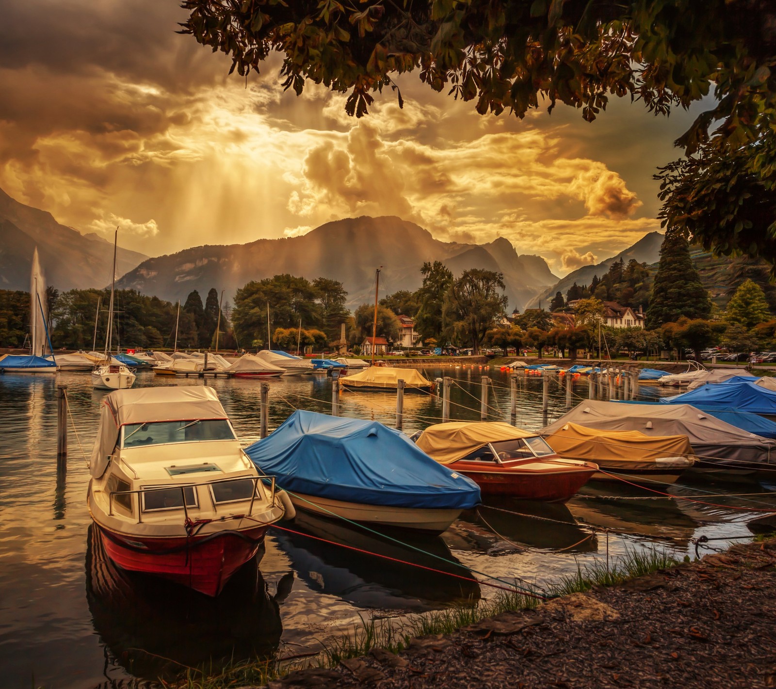 Botes están atracados en un lago con montañas al fondo (barcos, noche, lago, suiza, árboles)