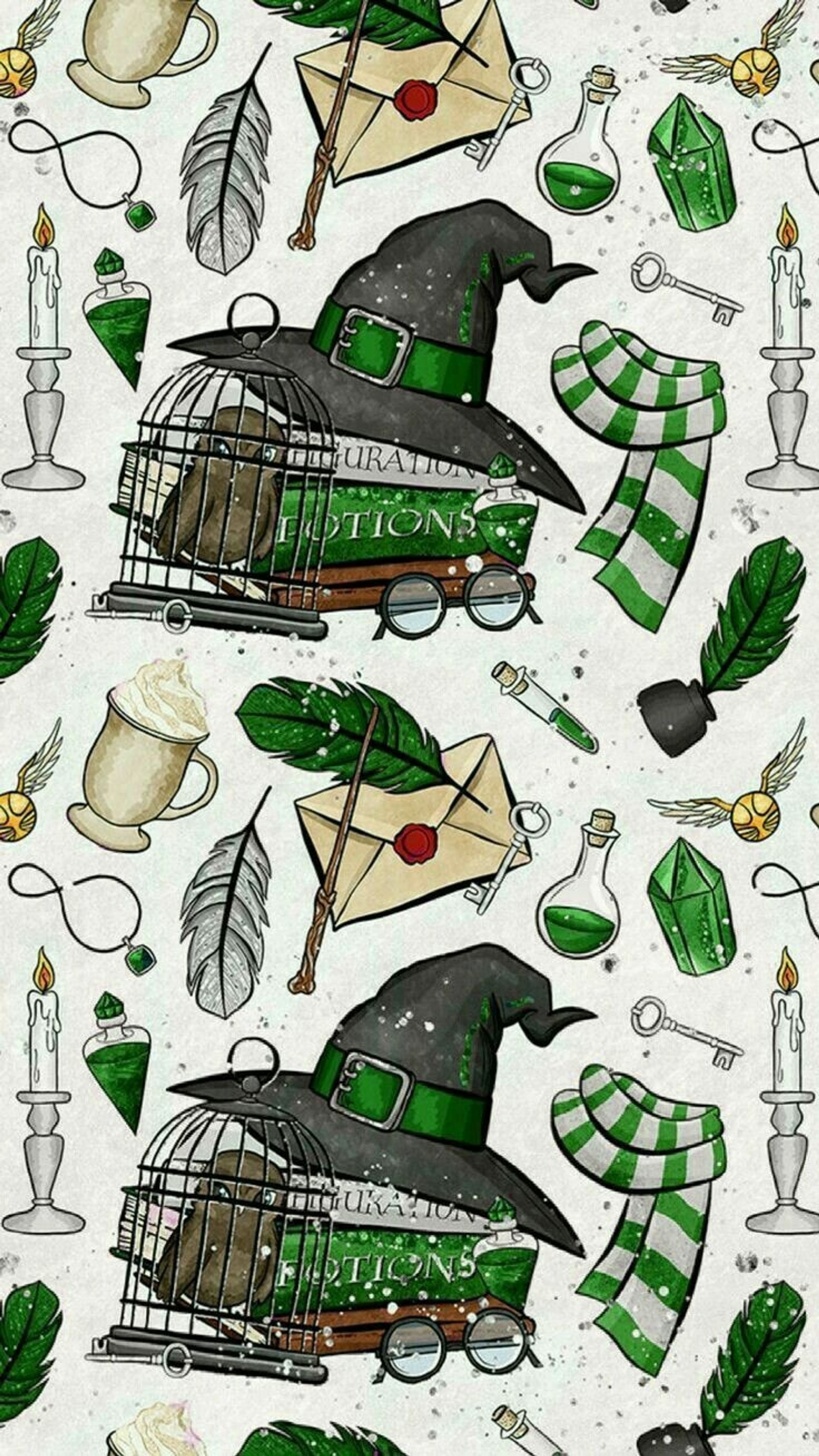 Primer plano de un patrón de jaula para pájaros con un sombrero y una bufanda verde (harry potter, slytherin)