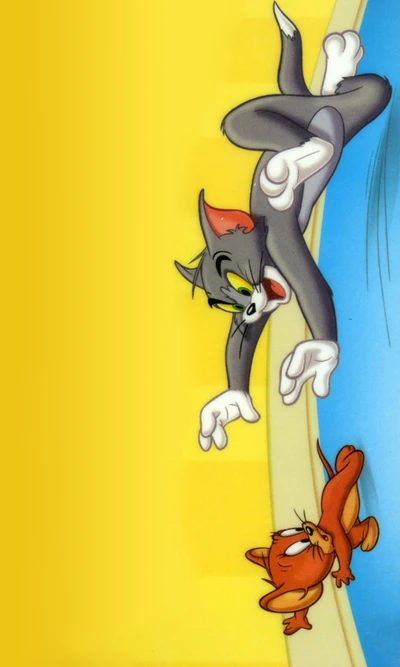 Tom y Jerry en una persecución clásica, con Tom extendiendo la mano sorprendido mientras Jerry mira hacia arriba juguetonamente.