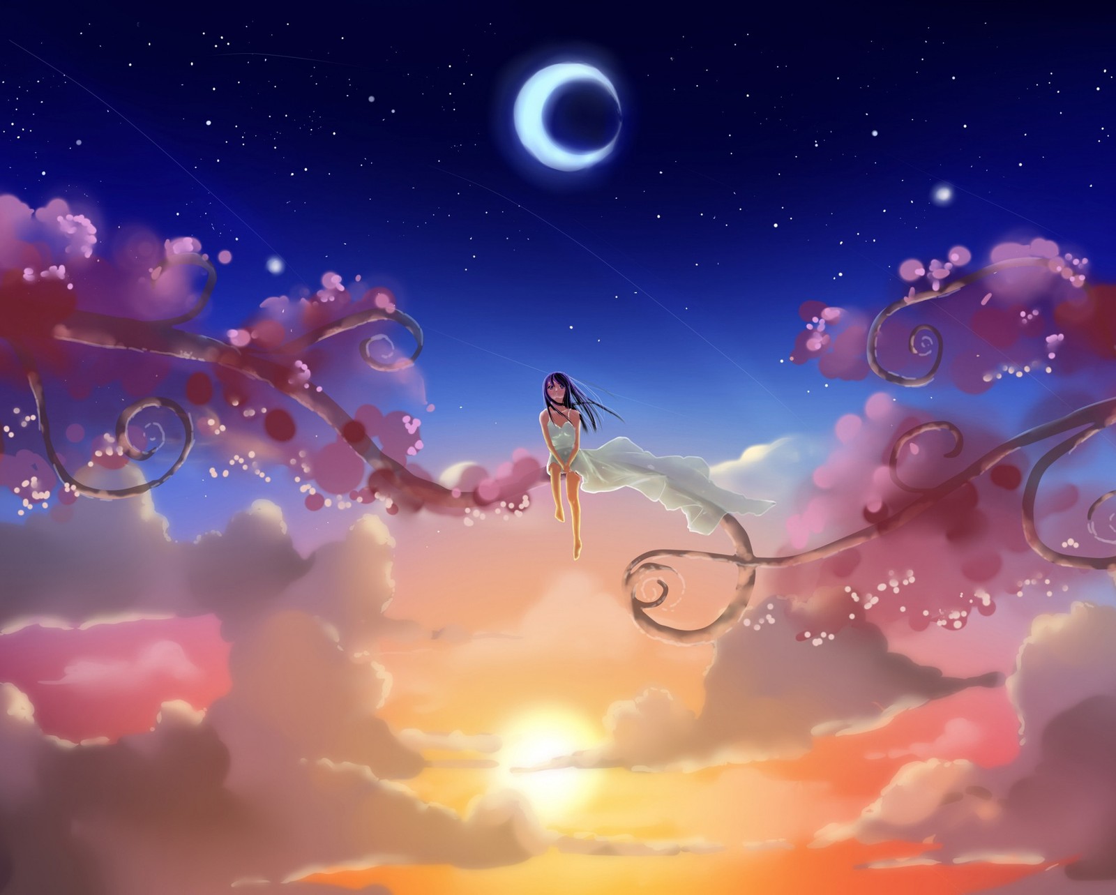 Garota de anime voando no céu com uma lua e flores (florescimento, sonho, menina, lua, noite)