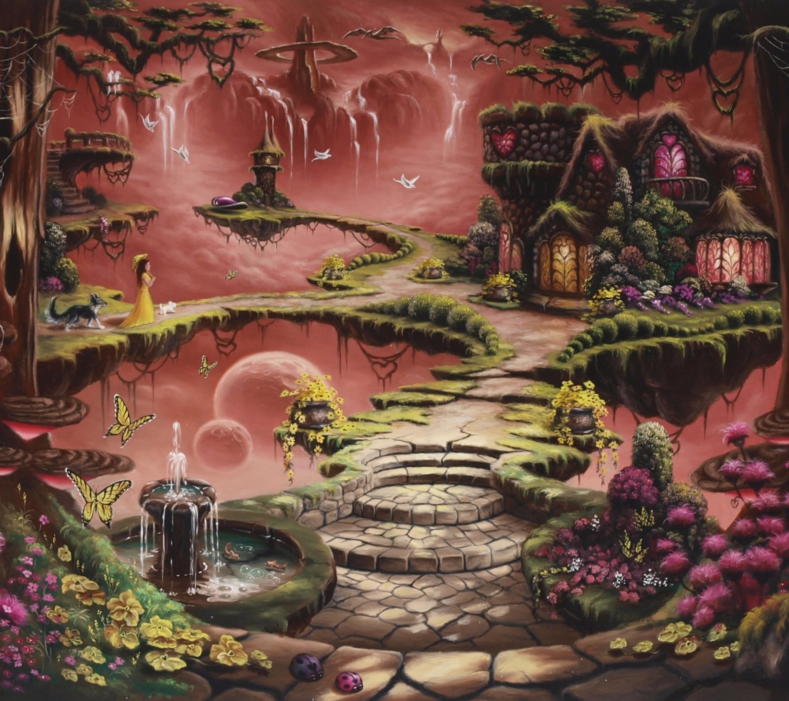 Pintura de um jardim de fantasia com uma fonte e uma cachoeira (bonito, fantasia, natureza)