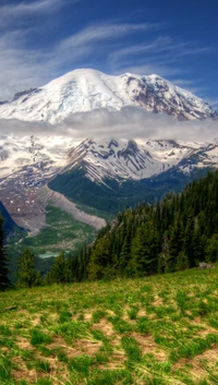 Majestic Snow-Capped Mountain Surrounded by Lush Greenery and Clouds