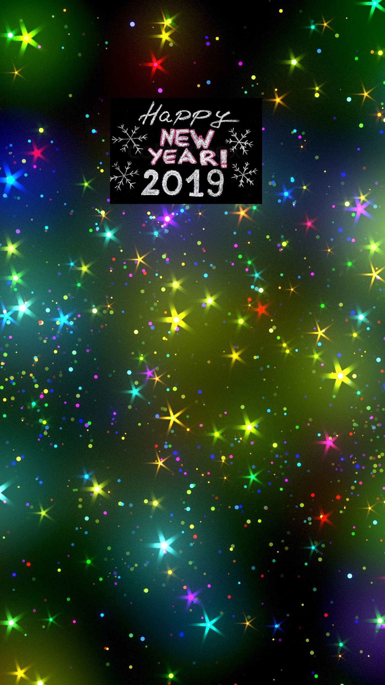 Un primer plano de un fondo colorido con estrellas y un letrero de feliz año nuevo (abej, beograd, feliz año nuevo 2019, estrella)