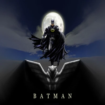 Batman steht selbstbewusst auf einem Dach mit einem vollen Mond im Hintergrund, der Heldentum und Geheimnis symbolisiert.