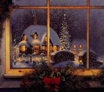 Cozy Christmas Scene with Snowy Cottage and Festively Lit Tree