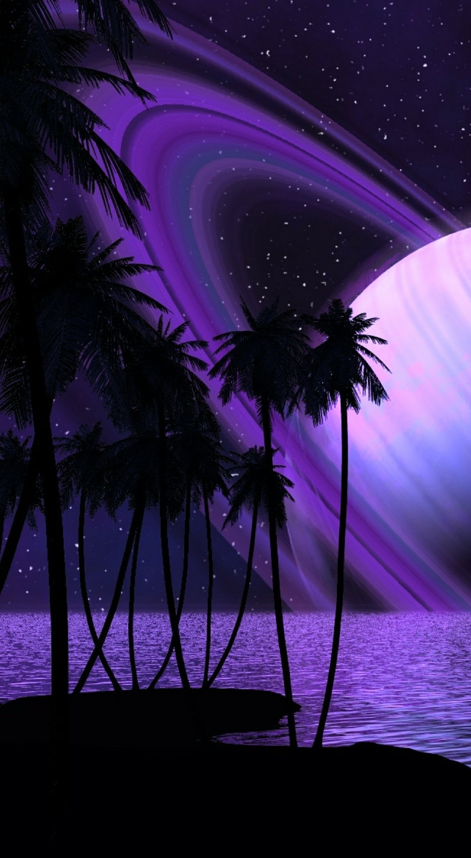 Purple and black tropical scene with palm trees and a planet (galaxy, palmtree, planet, purple)