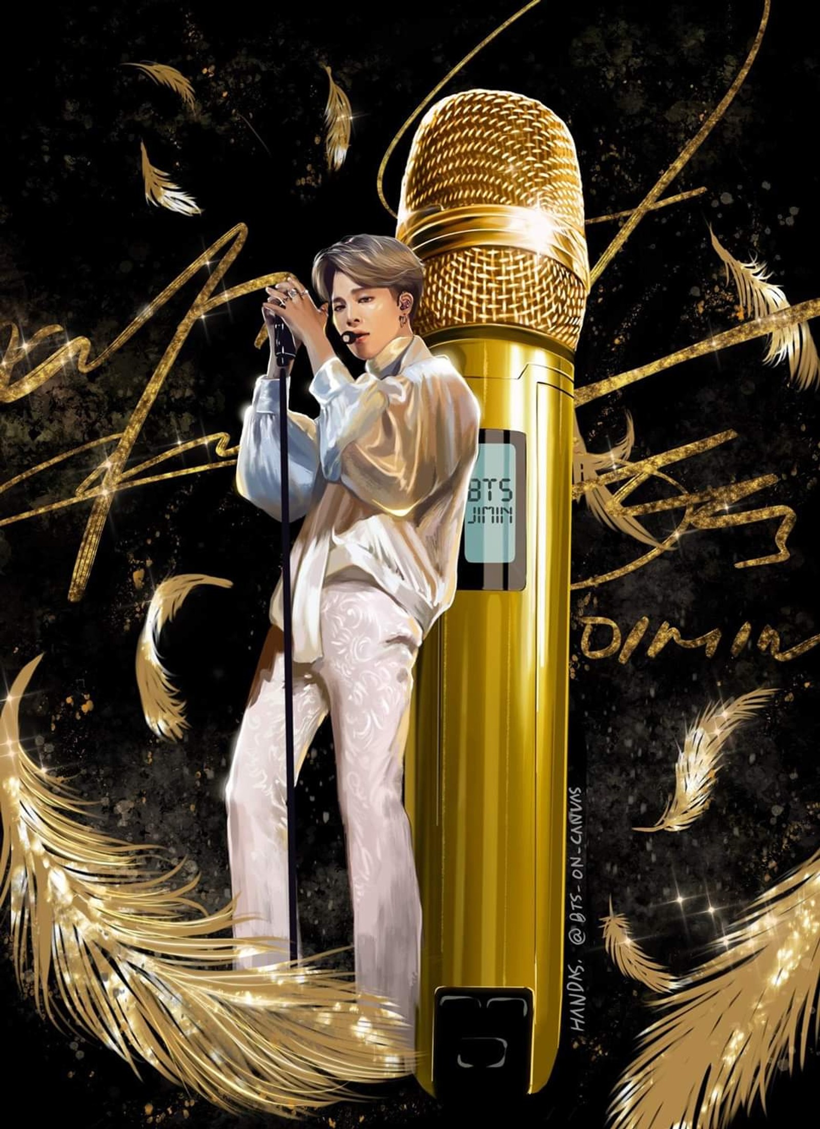 Uma girafa com um microfone e um suporte de microfone com penas (bts, jimin)