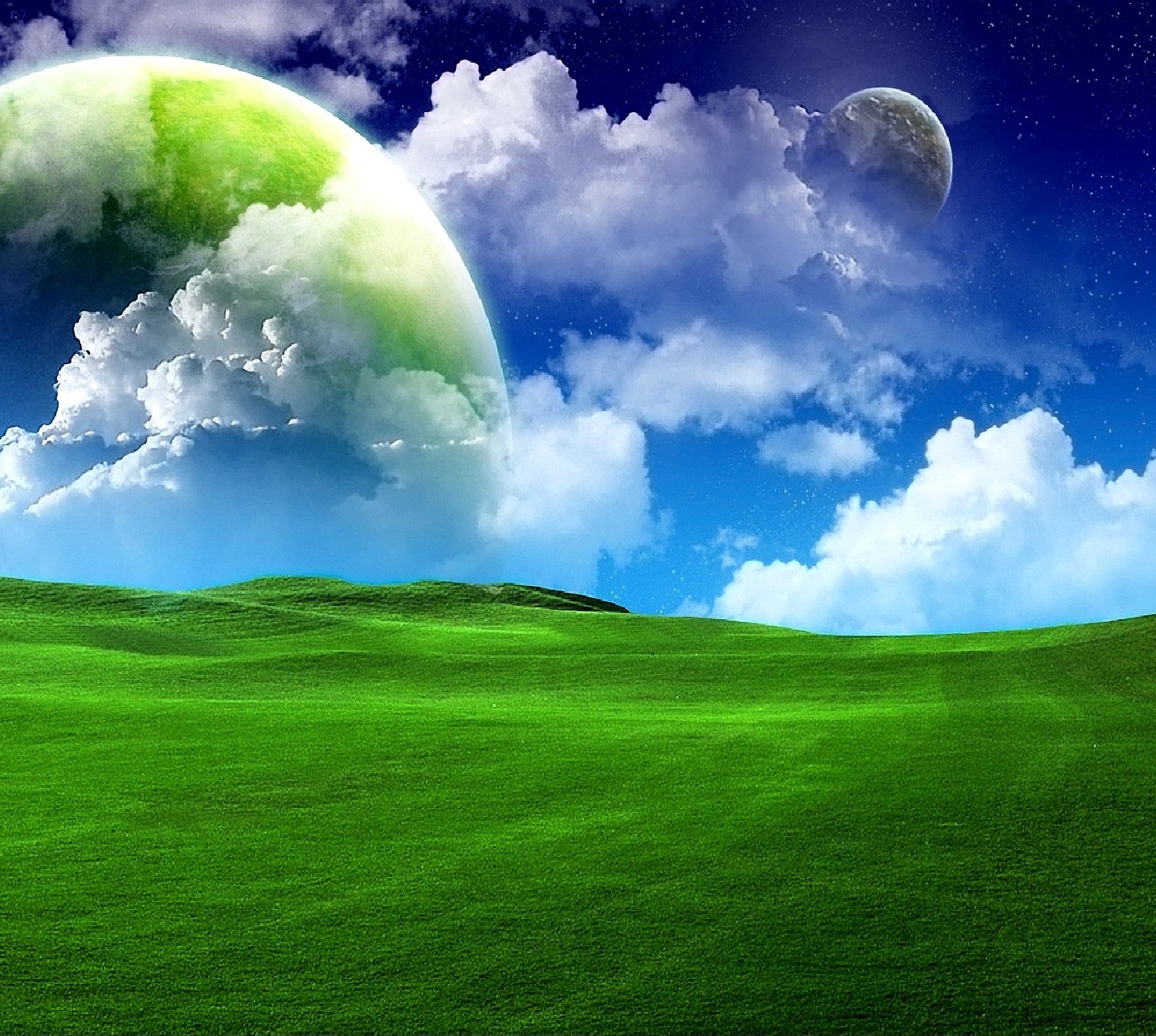 A green field with a green moon and clouds in the sky (nature)