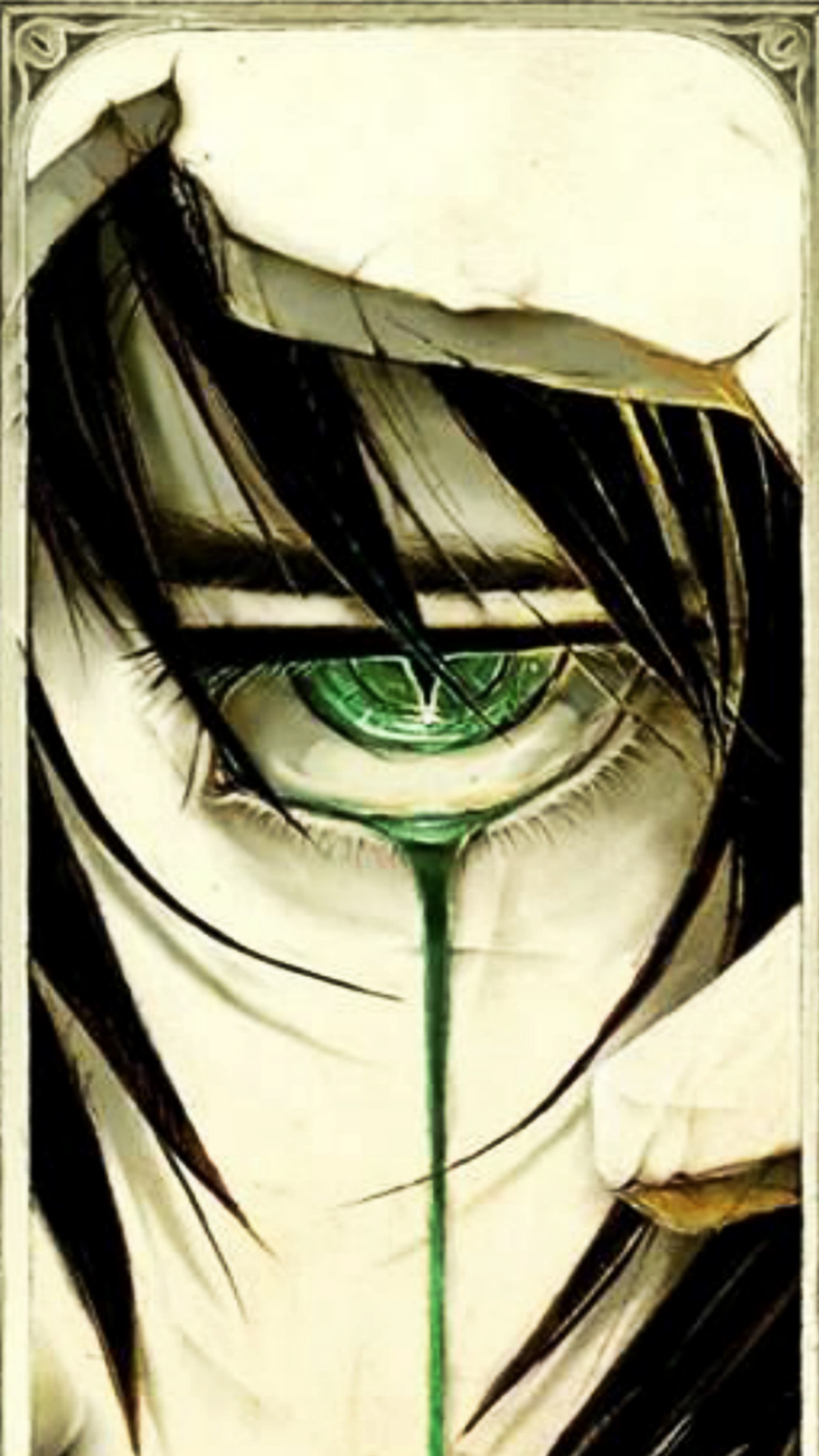 Una imagen de estilo anime de una mujer con un ojo verde y una lágrima verde (bleach, ichigo, ulquiorra)