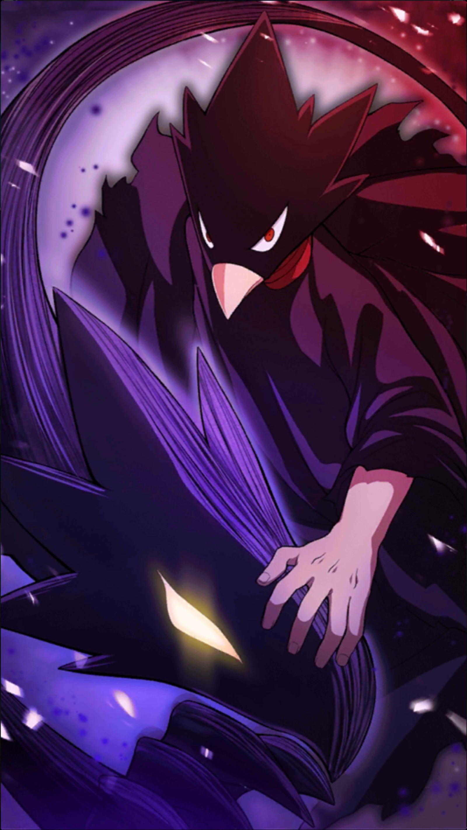 Batman in a caped cloak with a glowing yellow light (anime, fumikage tokoyami, hero)