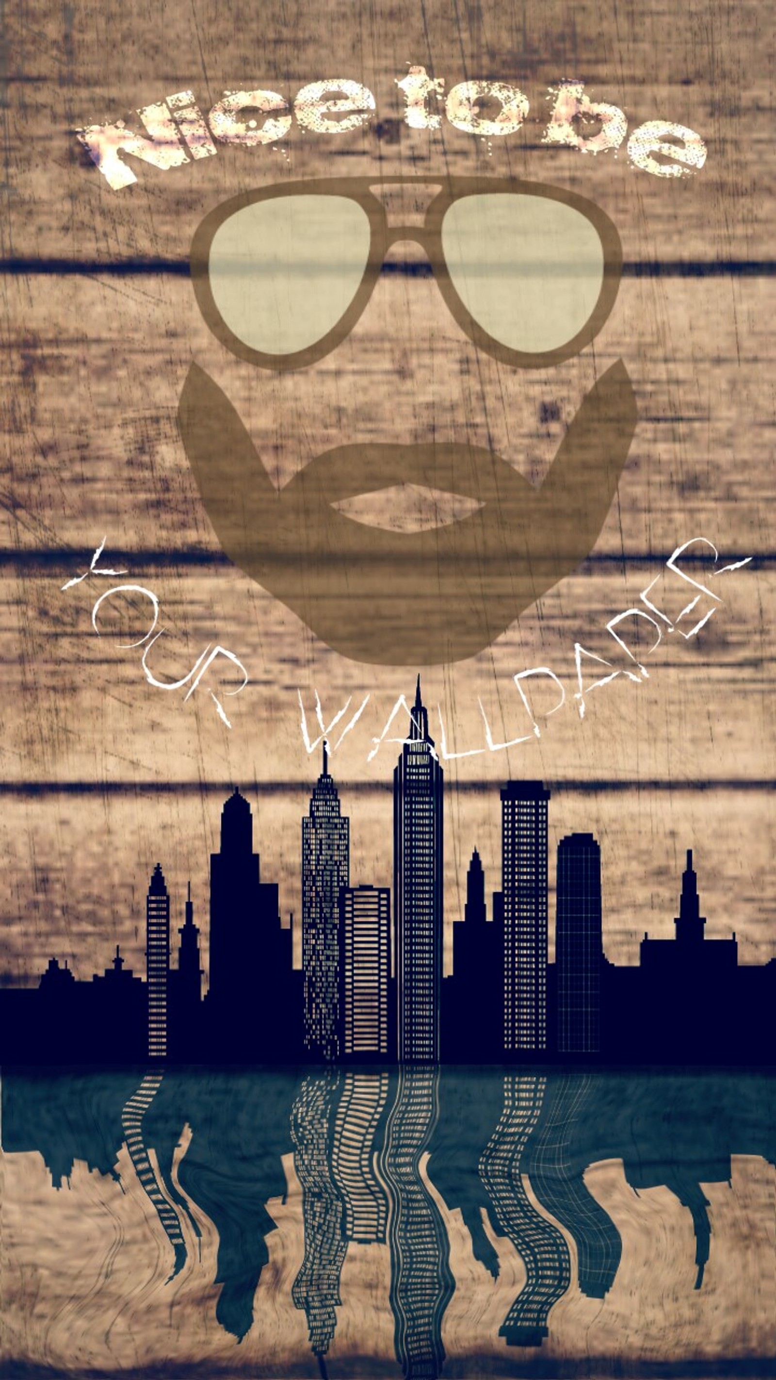 There is a picture of a city skyline with a beard and sunglasses (beard, city, hipster, wallpaper, wood)