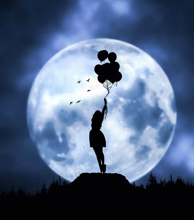 balloons, girl, manipulation, moon, moons