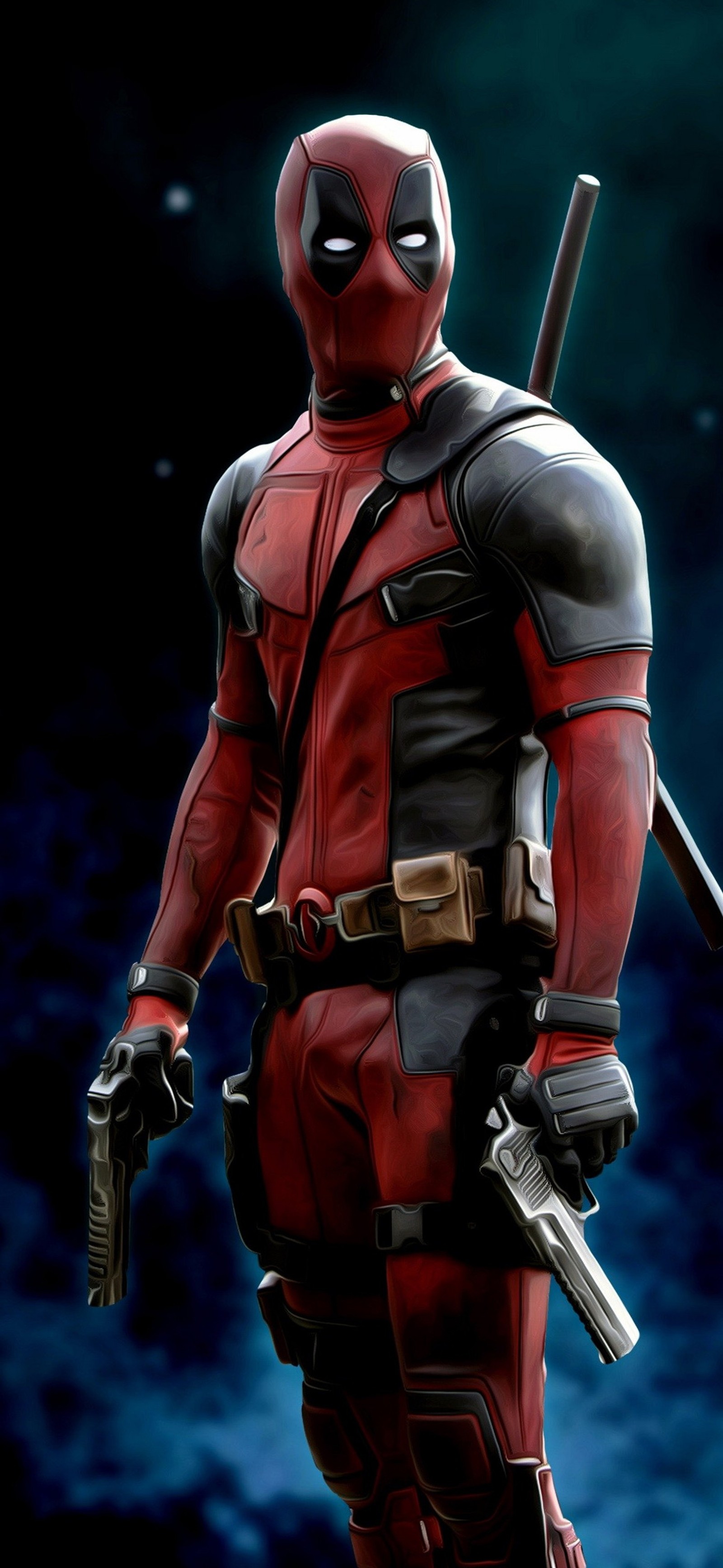 Deadpool in a red and black costume holding a baseball bat (poster, art, superhero, android, marvel comics)