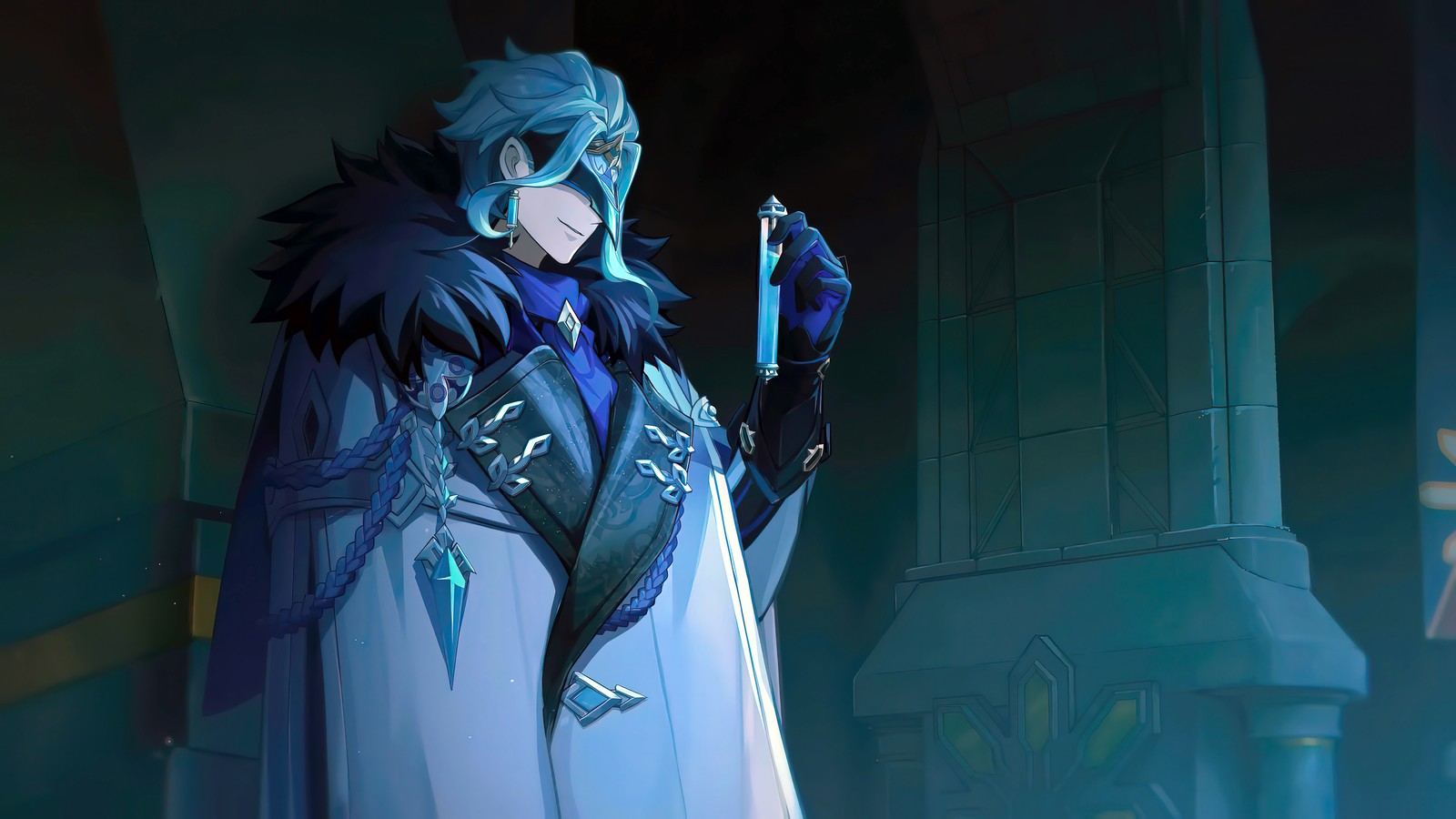 Arafed image of a woman dressed in a blue outfit holding a sword (il dottore, genshin impact, video game, teyvat chapter interlude teaser a winter nights lazzo trailer, eleven fatui harbingers)