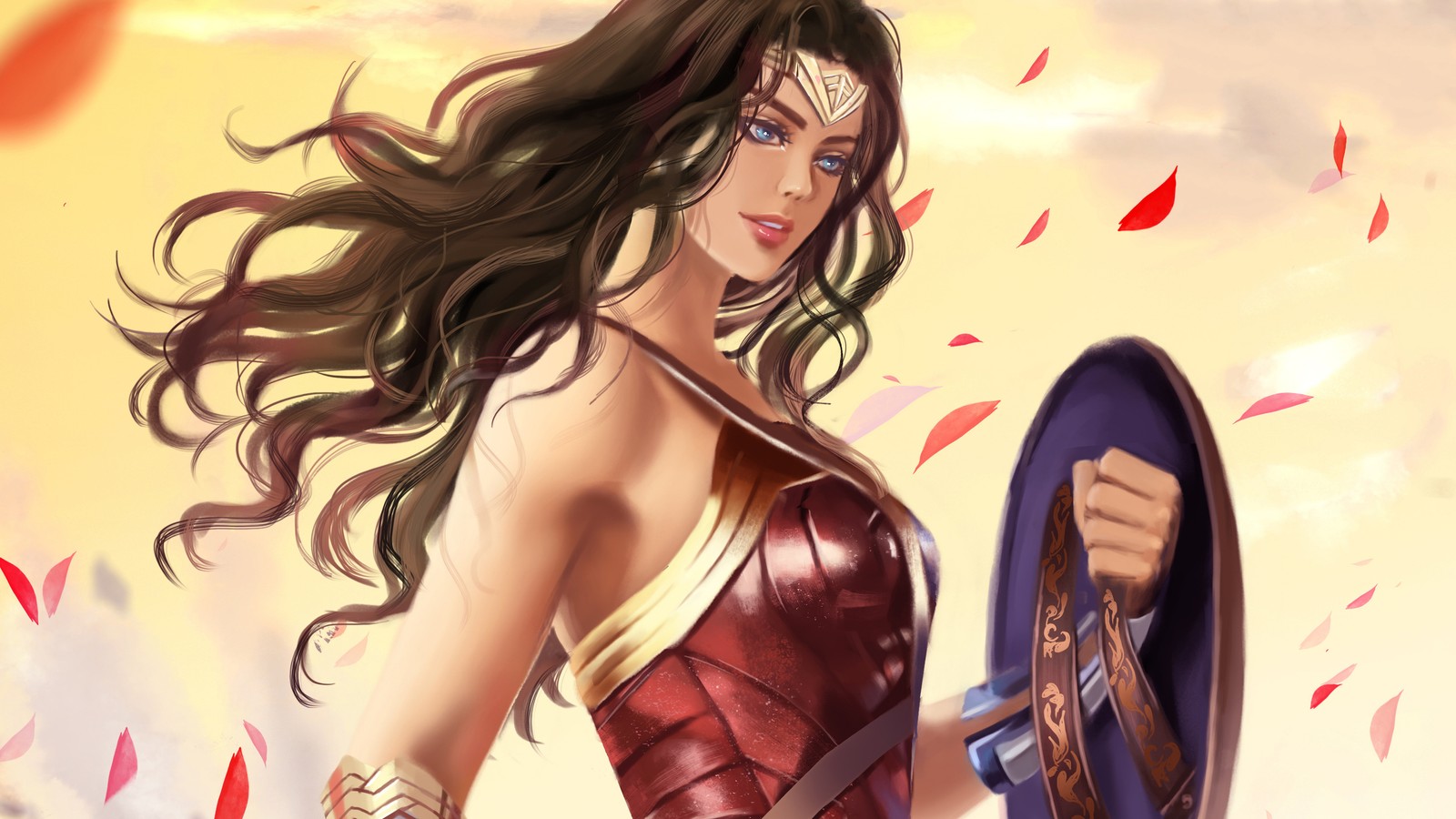 Mulher maravilha com espada e escudo na mão (wonder woman, dc comics, quadrinhos, meninas)