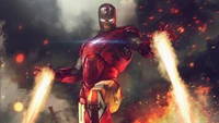 Iron Man dans une pose dynamique, montrant ses répulseurs, au milieu d'un arrière-plan enflammé.