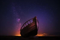 wrecked boat, sailing boat, night time, starry sky, milky way wallpaper