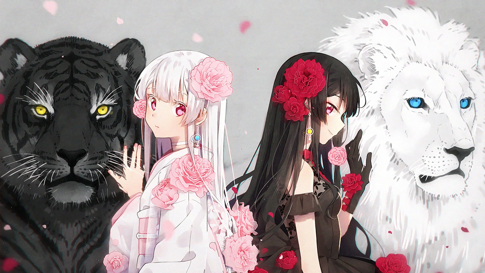 Anime characters with white hair and black and white tiger (anime, girls, tiger, wolf, animals)