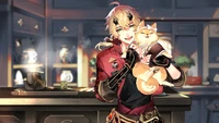 Thoma from Genshin Impact holding a cat in a cozy, traditional setting.