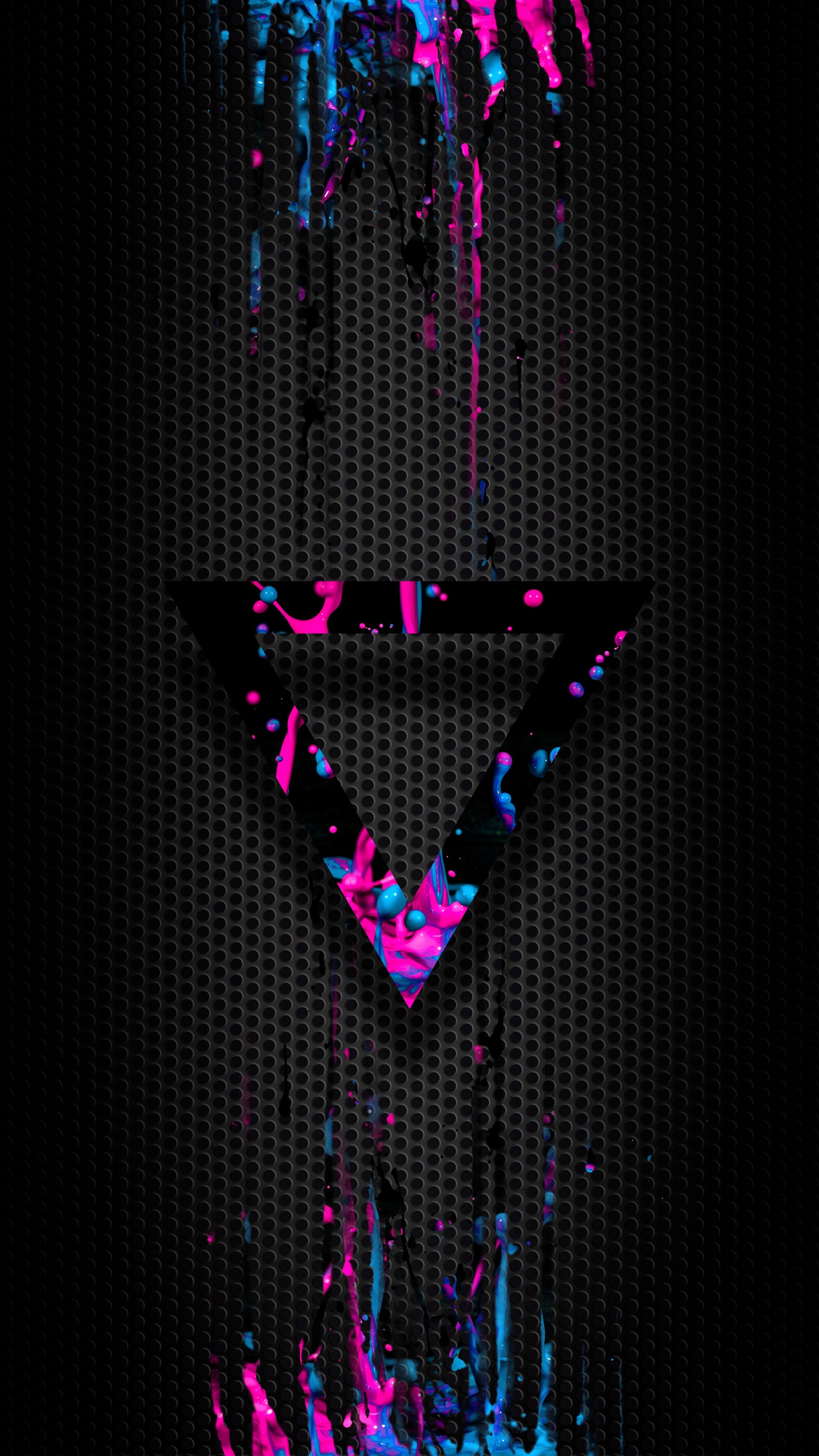 A close up of a triangle with paint splatters on it (graphic design, design, drawing, purple, body jewelry)