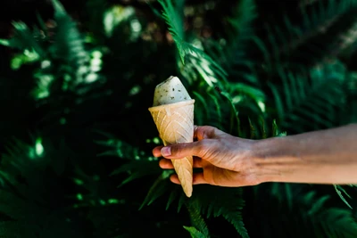 Mano sosteniendo un delicioso cono de helado de fresa en medio de una exuberante vegetación