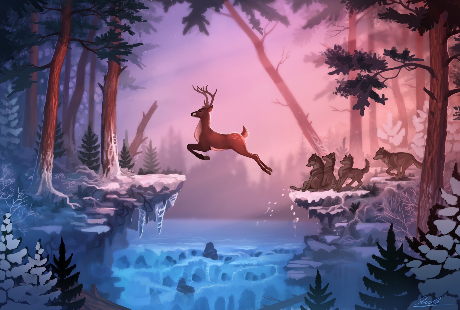 Deer leaping over a frozen pond in a forest with trees (art, painting, work of art, wildlife, deer)