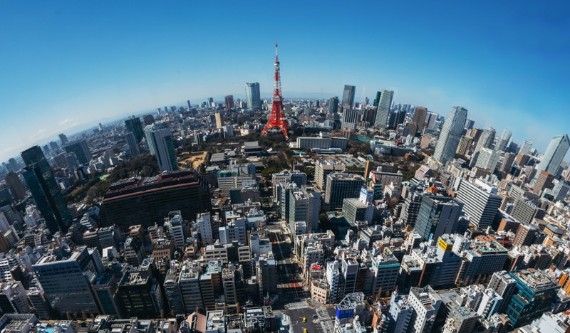 Вид города с вершины высокого здания (токийская башня, tokyo tower, городская территория, городской пейзаж, город)