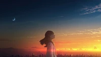 Garota de anime em uniforme escolar olhando para um pôr do sol