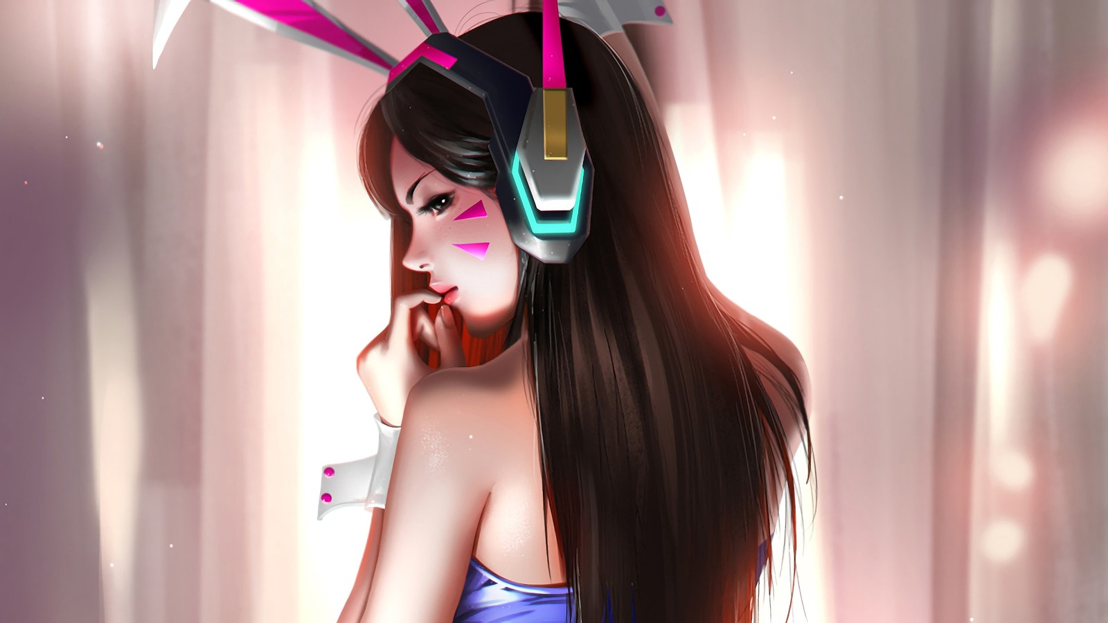 Anime girl with headphones and a blue dress (dva, overwatch, video game)