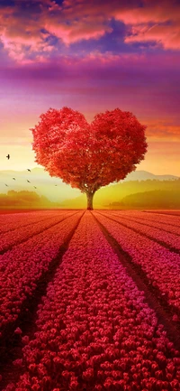 Heart-Shaped Tree Surrounded by Vibrant Flower Fields at Sunset