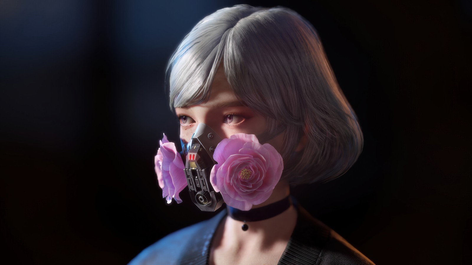 cyberpunk, girls, flower, digital art, gas mask wallpaper