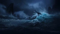 A dramatic ocean scene featuring a powerful wave and a mysterious creature, evoking the essence of adventure in "Avatar: The Way of Water.