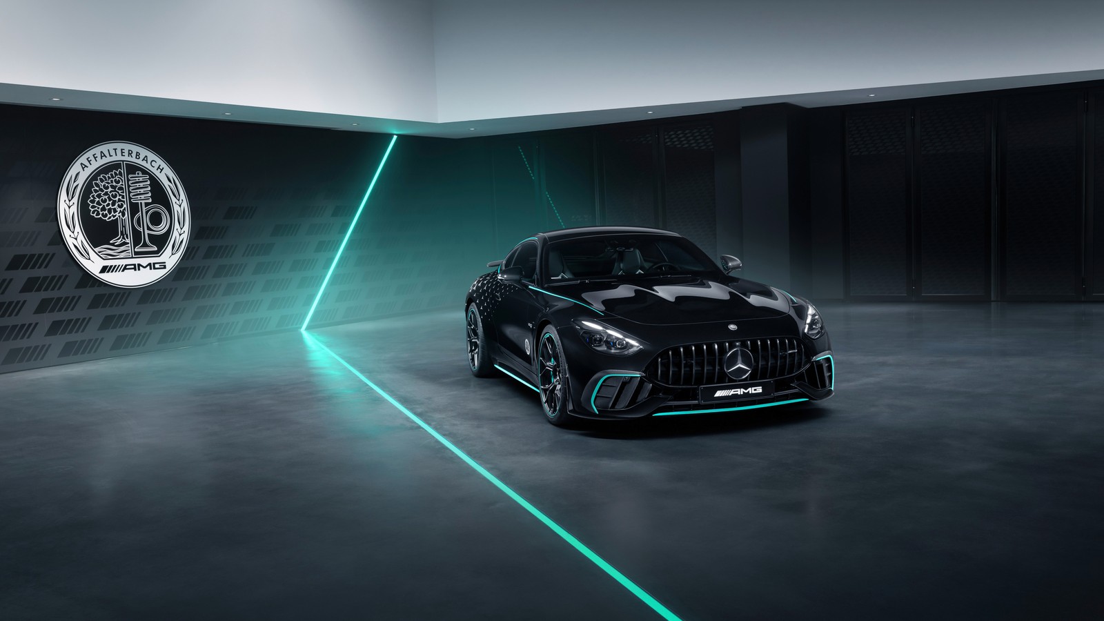 The mercedes gts coupe is shown in a dark room with a green light (mercedes amg gt 63 pro 4matic, collectors edition, 2024, 5k, black cars)