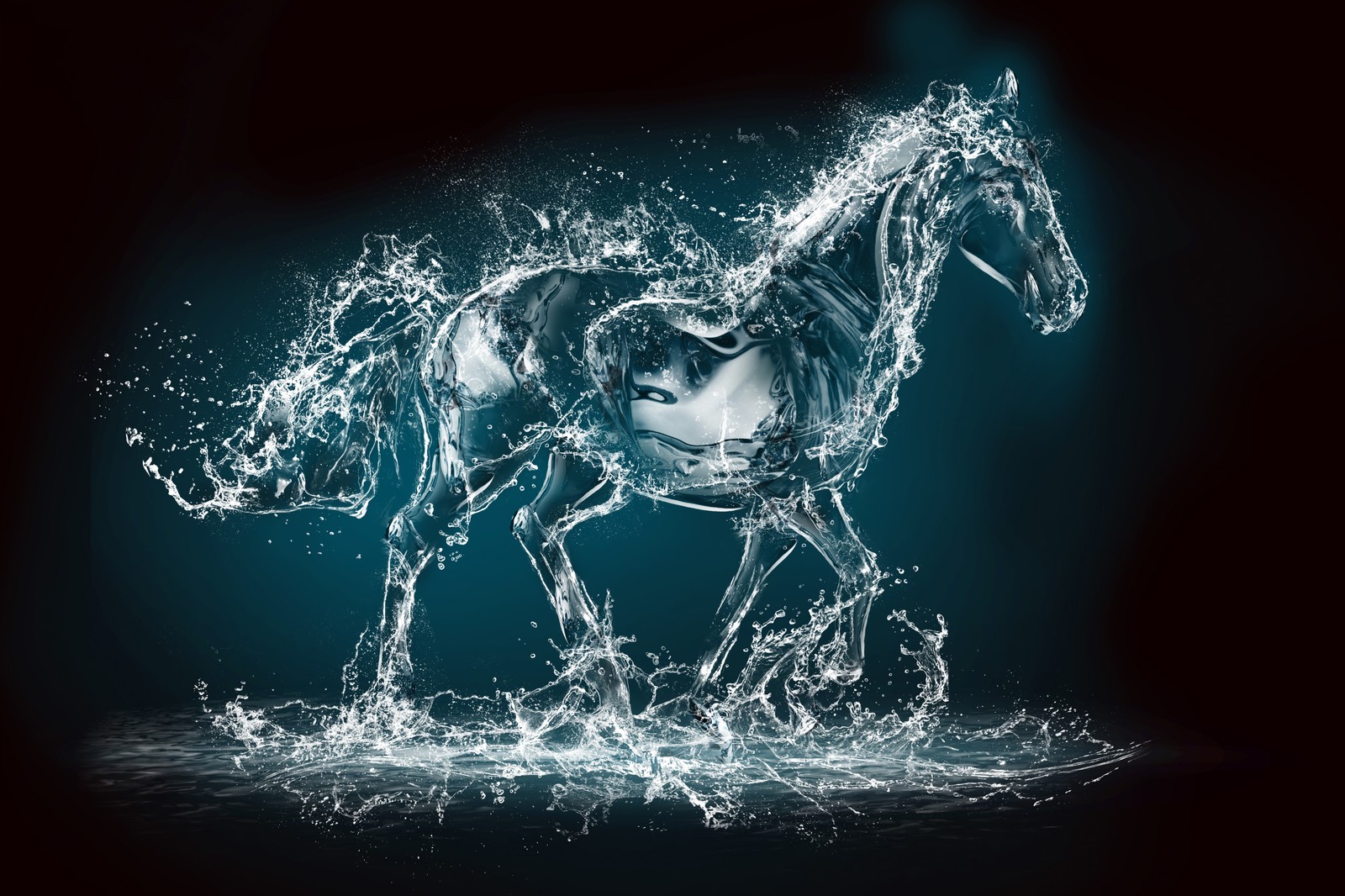 Araffe horse running in water splash on a black background (horse, stallion, graphic design, graphics, livestock)