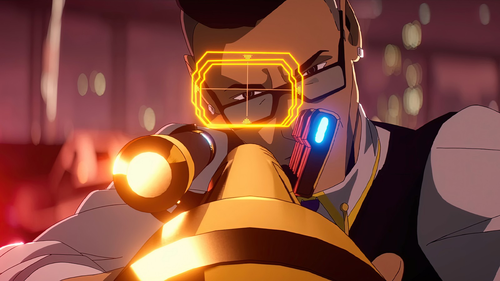 A close up of a person holding a gun with a yellow light (chamber, crosshair, valorant, video game, champions)