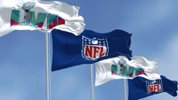 Banderas del Super Bowl de la NFL mostrando el logo LIV contra un cielo azul