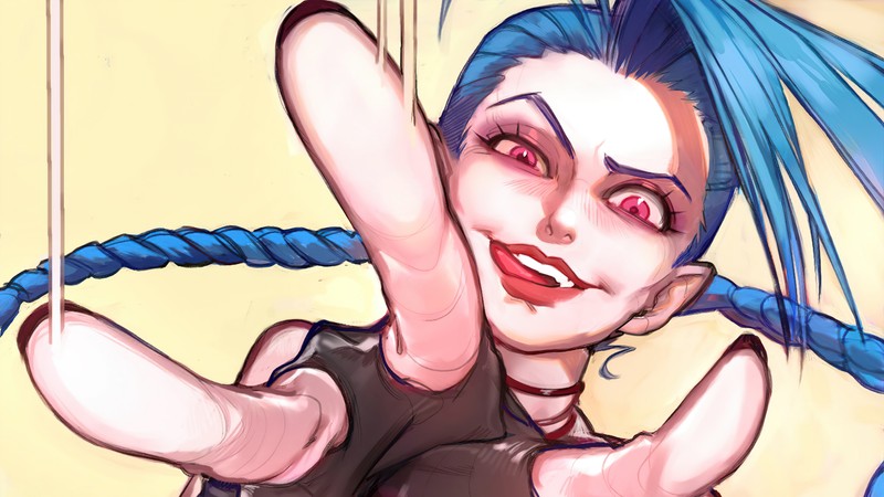 Крупный план человека с синими волосами и кольцом (джинкс, jinx, lol, league of legends, видеоигра)