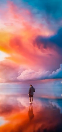 Serene Sunset Reflection: A Figure Amidst Vibrant Clouds and Tranquil Waters