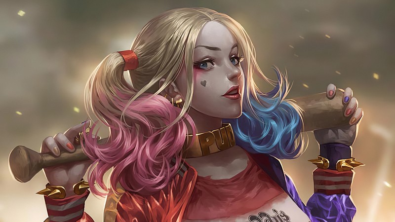 Харли держит биту и бейсбольную биту (harley quinn, комиксы, dc comics)