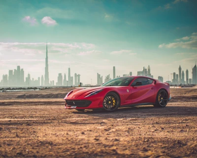 Красный Ferrari 812 Superfast на фоне горизонта