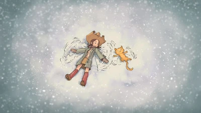 Witch and Cat Creating Snow Angels in a Winter Wonderland